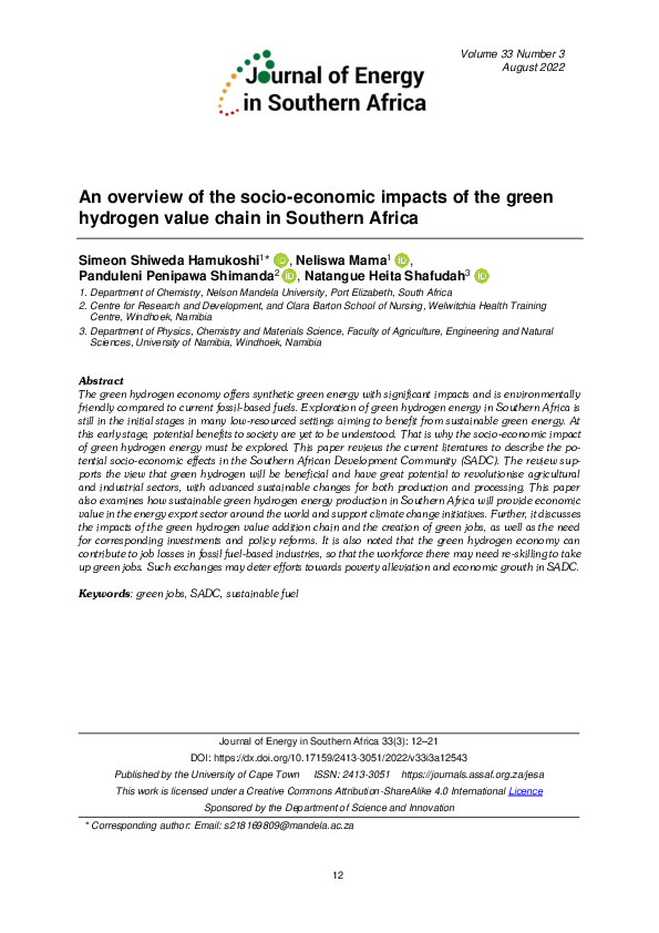 (PDF) An overview of the socio-economic impacts of the green hydrogen ...