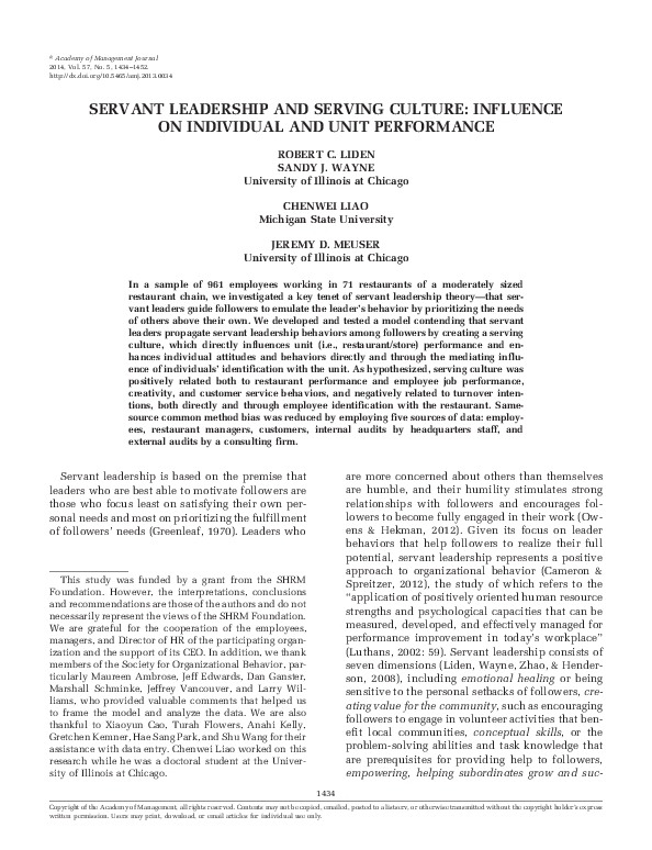 (PDF) Servant Leadership and Serving Culture: Influence on Individual ...