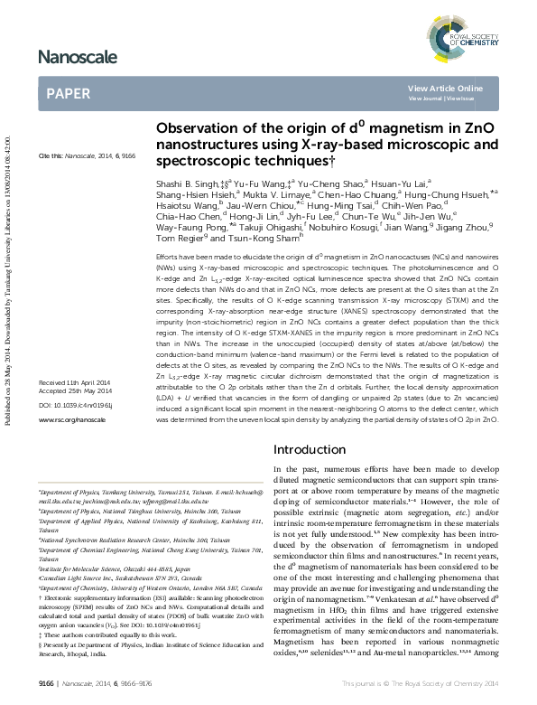 (PDF) Observation of the origin of d0magnetism in ZnO nanostructures ...