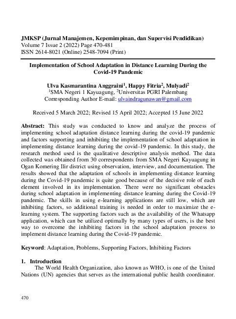 (PDF) Implementation of School Adaptation in Distance Learning During ...