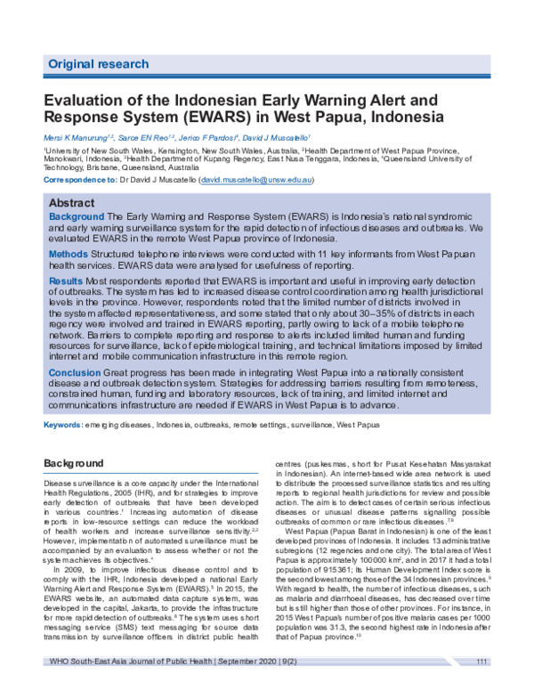 (PDF) Evaluation of the Indonesian Early Warning Alert and Response System (EWARS) in West Papua