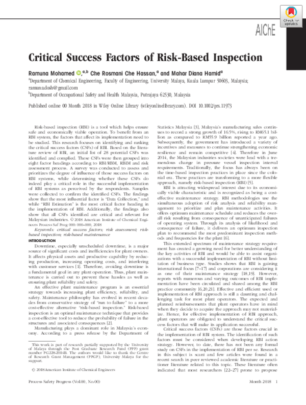 (PDF) Critical success factors of risk-based inspection