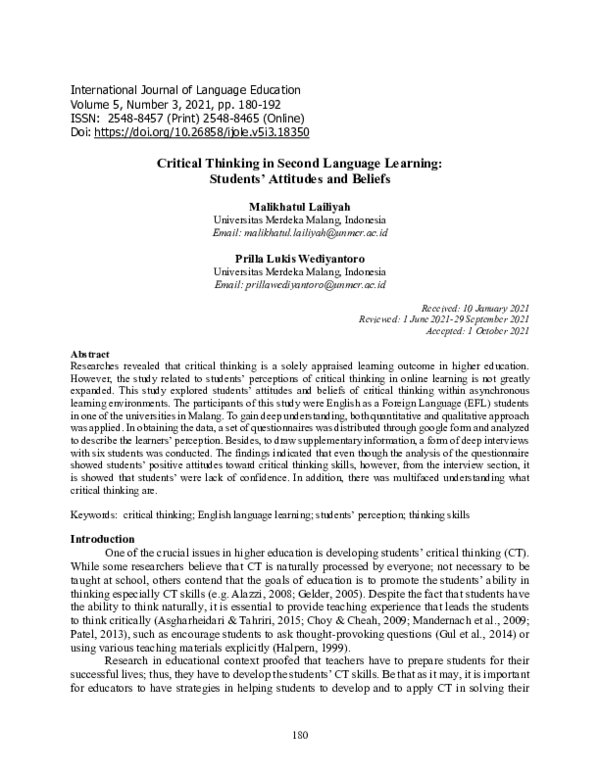 (PDF) Critical thinking in second language learning: Students ...