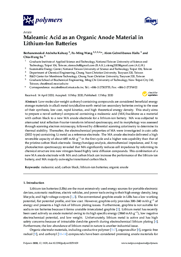 (PDF) Maleamic Acid as an Organic Anode Material in Lithium-Ion Batteries