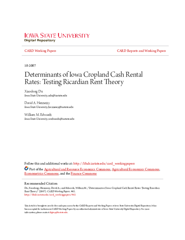 (PDF) Determinants of Iowa Cropland Cash Rental Rates: Testing ...