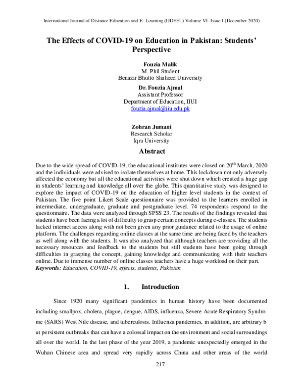 (PDF) The Effects of COVID-19 on Education in Pakistan: Students ...