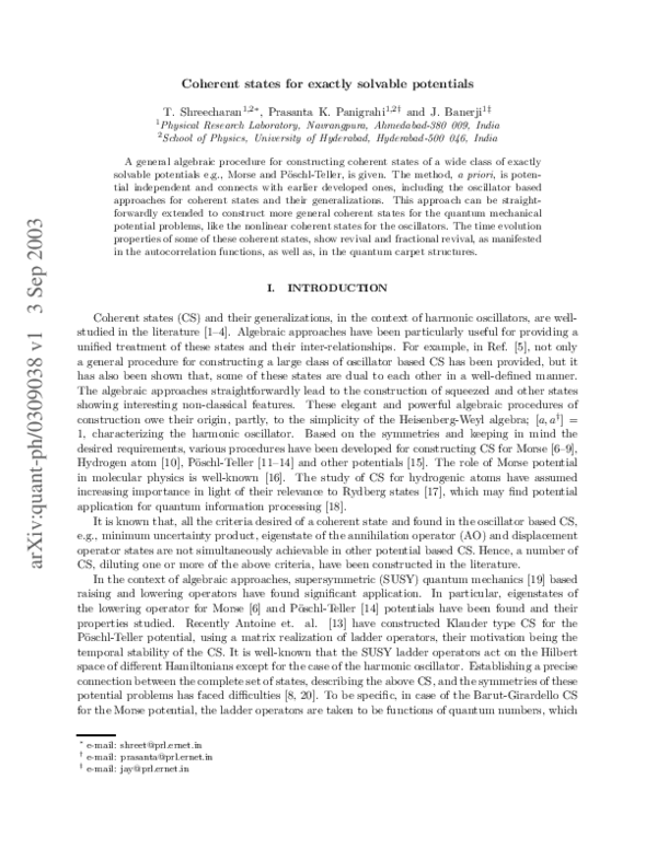 (PDF) Coherent states for exactly solvable potentials