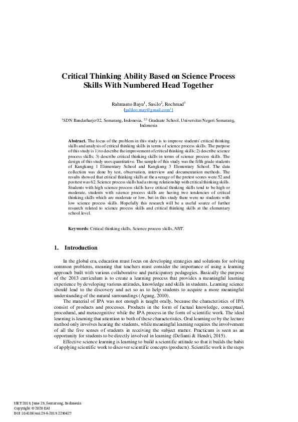 (PDF) Critical Thinking Ability Based on Science Process Skills With ...
