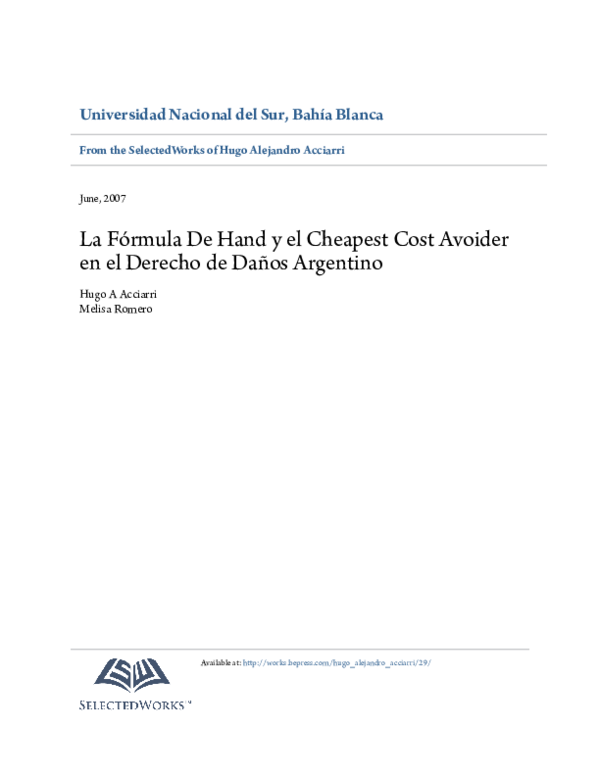(PDF) La Fórmula De Hand y el Cheapest Cost Avoider en el Derecho de