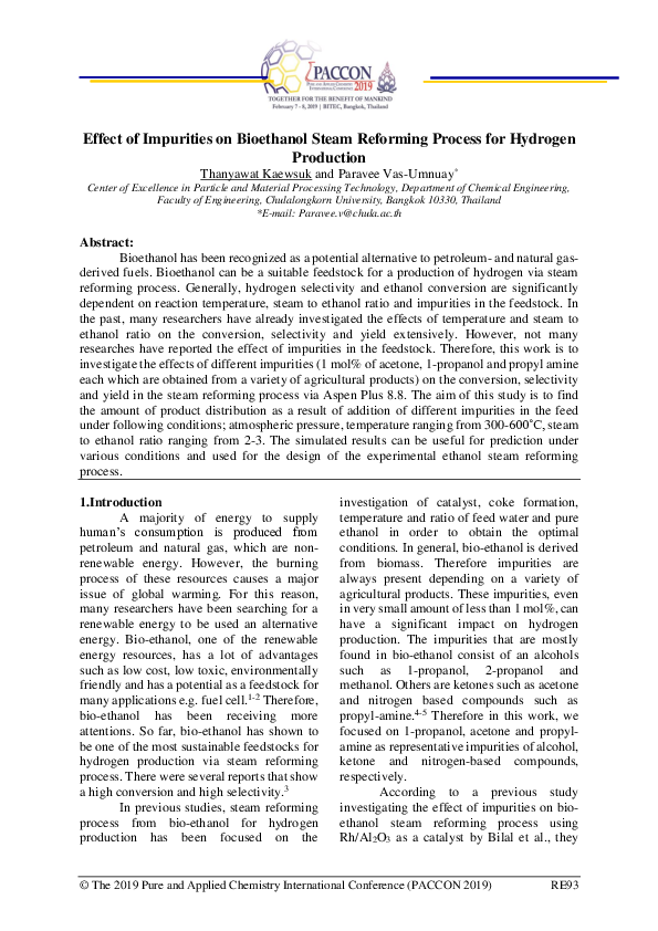 (PDF) Effect of Impurities on Bioethanol Steam Reforming Process for ...