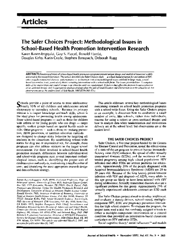 (PDF) The Safer Choices Project: Methodological Issues in School-Based ...