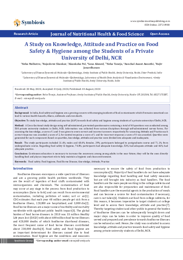 (PDF) A Study on Knowledge, Attitude and Practice on Food Safety ...