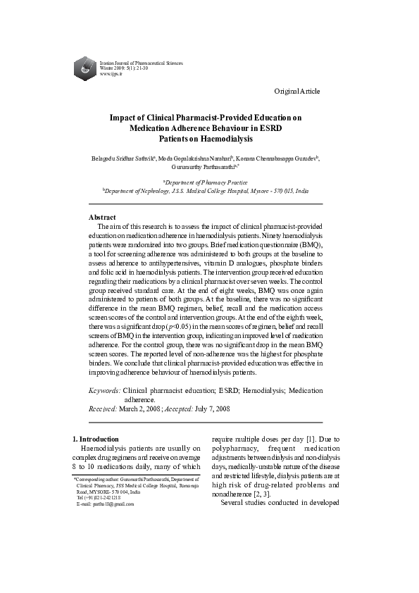 (PDF) Impact of Clinical Pharmacist-Provided Education on Medication ...