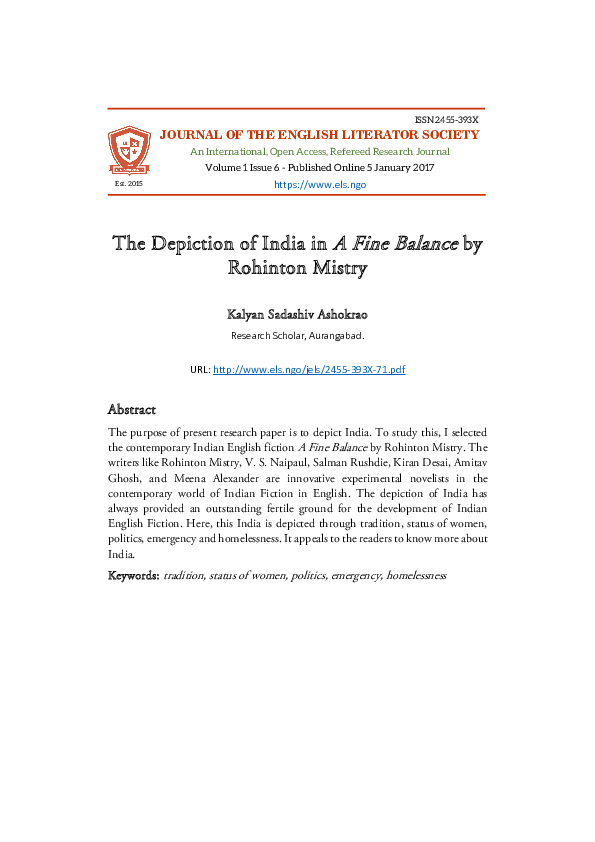 (PDF) The Depiction of India in A Fine Balance by Rohinton Mistry