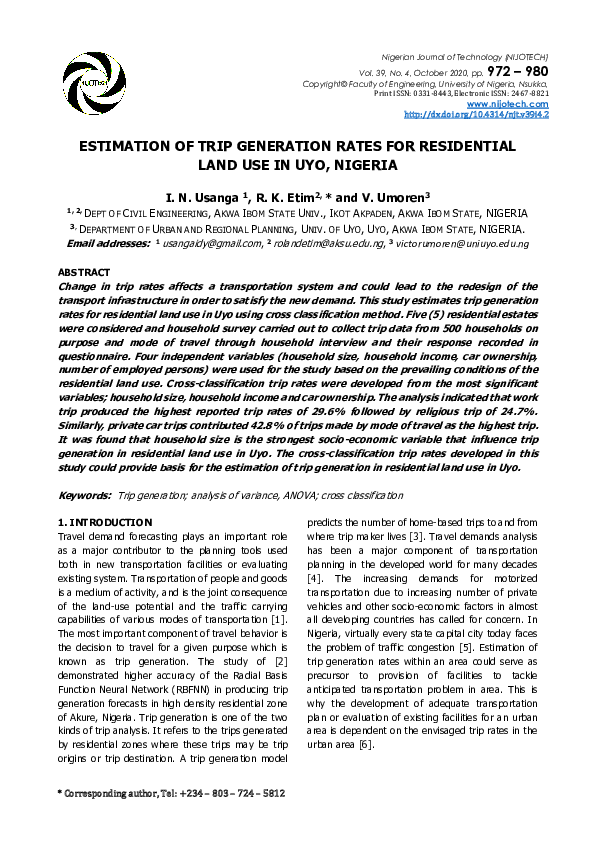 (PDF) Estimation of trip generation rates for residential land use in ...