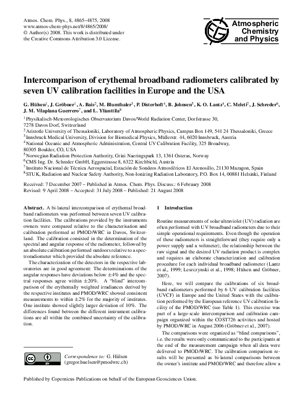 (PDF) Intercomparison of erythemal broadband radiometers calibrated by ...