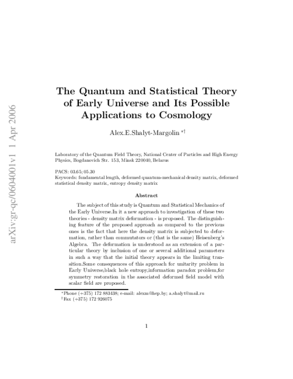 The Quantum and Statistical Theory of Early Universe and Its Possible ...