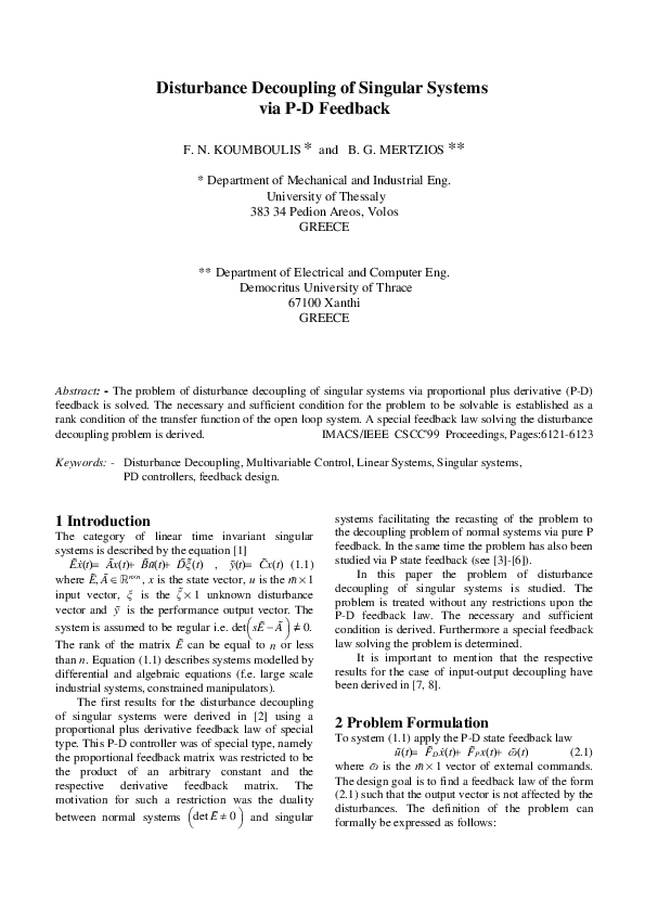 (PDF) Decoupling of singular systems via P-D feedback