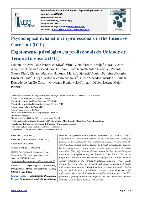 (PDF) Psychological exhaustion in professionals in the Intensive Care