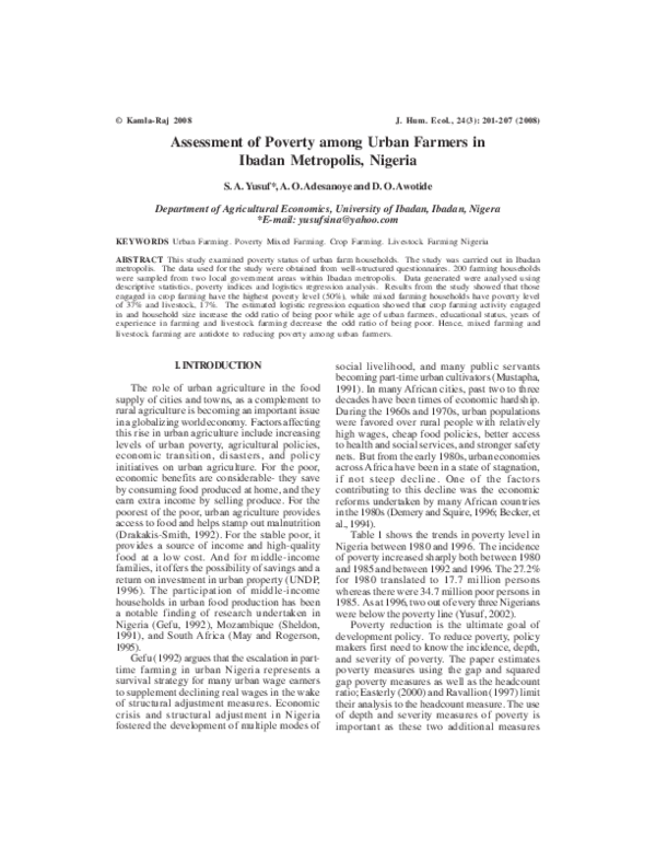 (PDF) Assessment of Poverty among Urban Farmers in Ibadan Metropolis ...