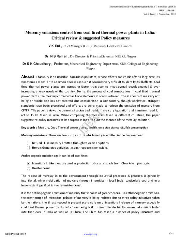 (PDF) Mercury emissions control from coal fired thermal power plants in ...