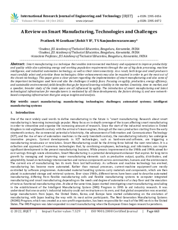 (PDF) A Review on Smart Manufacturing, Technologies and Challenges