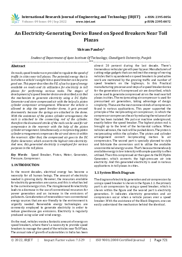 (PDF) An Electricity Generating Device Based on Speed Breakers Near