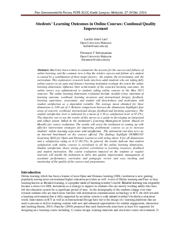 (PDF) Students’ Learning Outcomes in Online Courses: Continual Quality ...