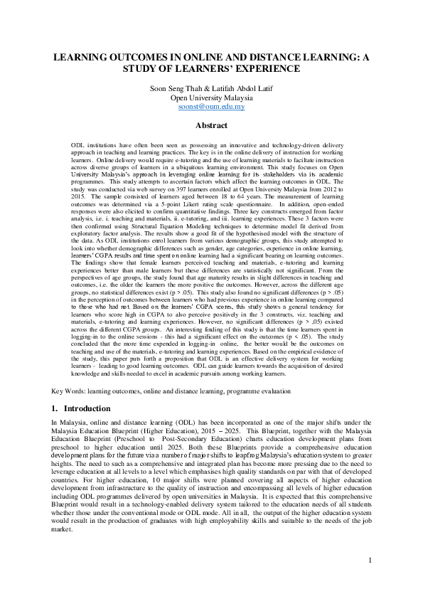 (PDF) 1 Learning Outcomes in Online and Distance Learning : A Study of ...
