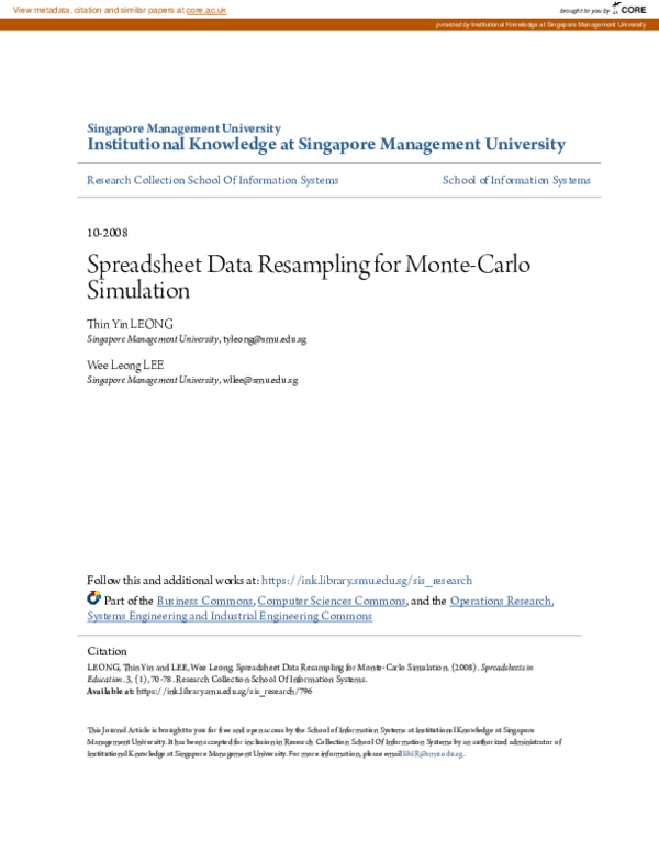 (PDF) Spreadsheet Data Resampling for MonteCarlo Simulation Wee Leong Lee Academia.edu