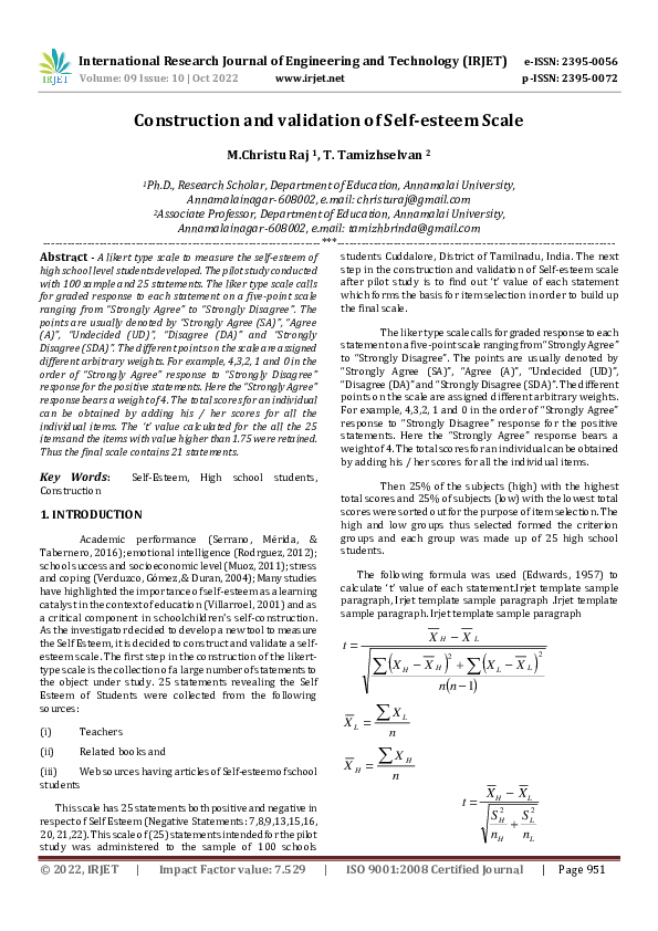 (PDF) Construction and validation of Self-esteem Scale