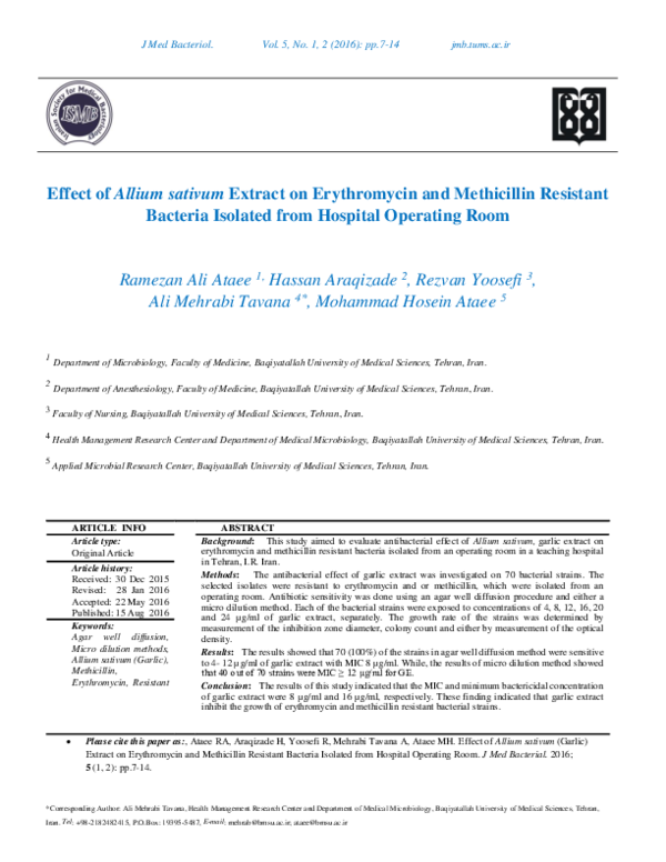 (PDF) Effect of Allium Sativum Extract on Erythromycin and Methicillin ...