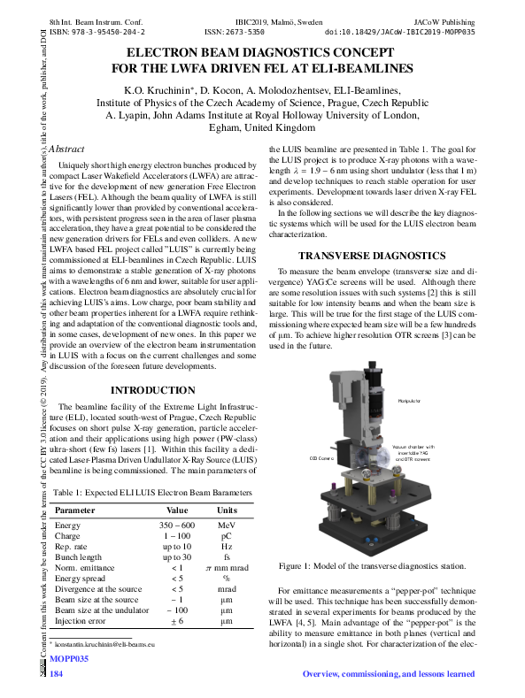 (PDF) Electron Beam Diagnostics Concept for the LWFA Driven FEL at ELI ...