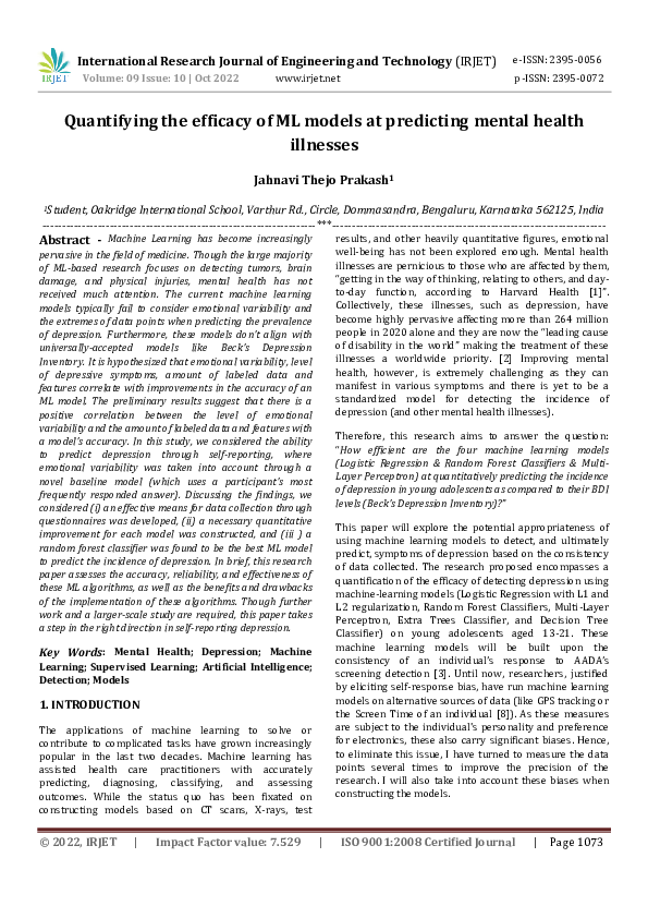(PDF) Quantifying the efficacy of ML models at predicting mental health ...