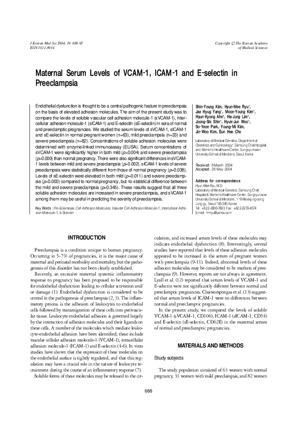 (PDF) Maternal Serum Levels of VCAM-1, ICAM-1 and E-selectin in ...