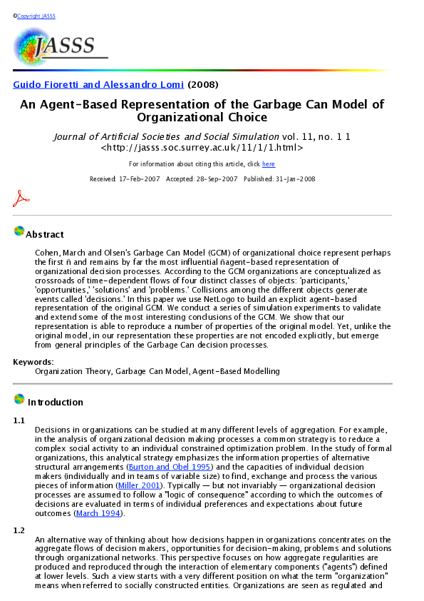 (PDF) An AgentBased Representation of the Garbage Can Model of