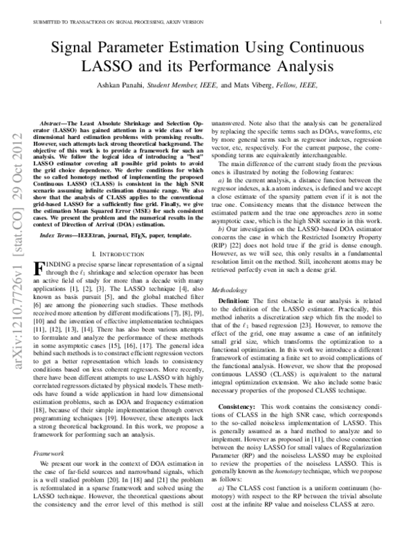 (PDF) Signal Parameter Estimation Using Continuous LASSO and its ...
