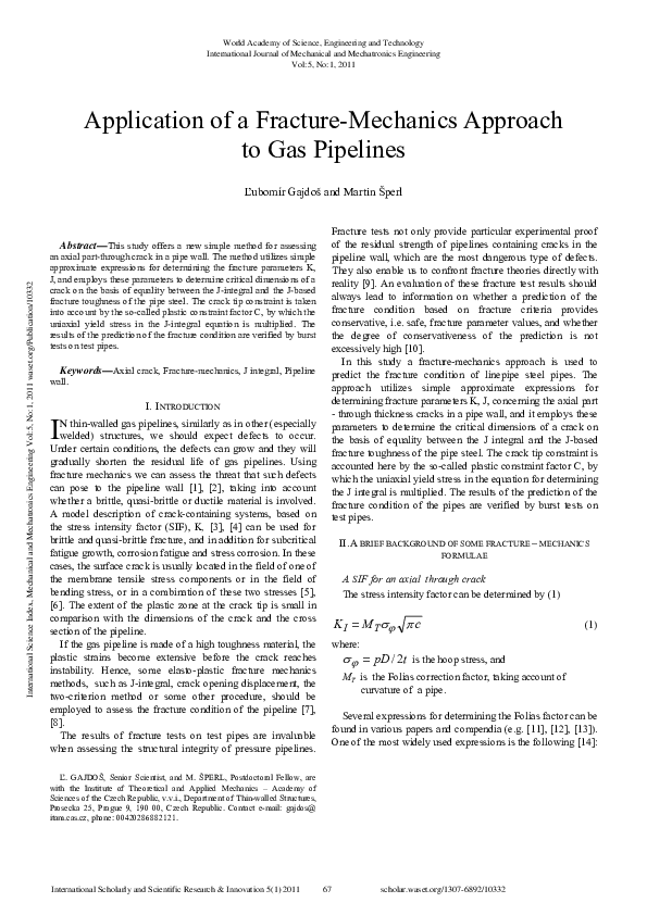 (PDF) Application Of A Fracture-Mechanics Approach To Gas Pipelines