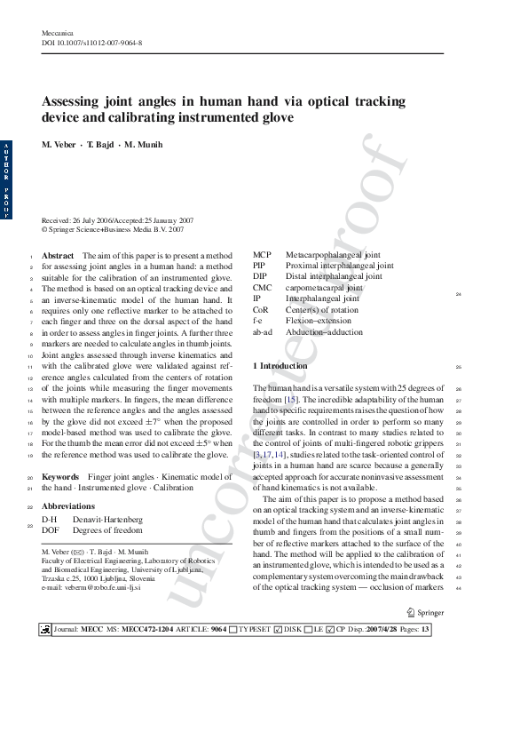 (PDF) Assessing joint angles in human hand via optical tracking device ...