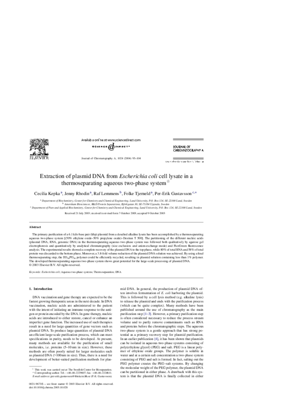 (PDF) Extraction of plasmid DNA from Escherichia coli cell lysate in a ...