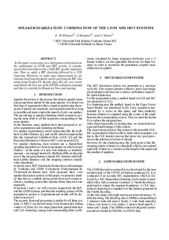 (PDF) Speaker diarization: combination of the LIUM and IRIT systems