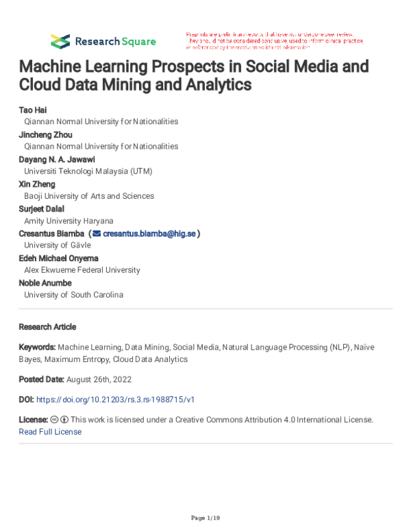 (PDF) Machine Learning Prospects in Social Media and Cloud Data Mining ...