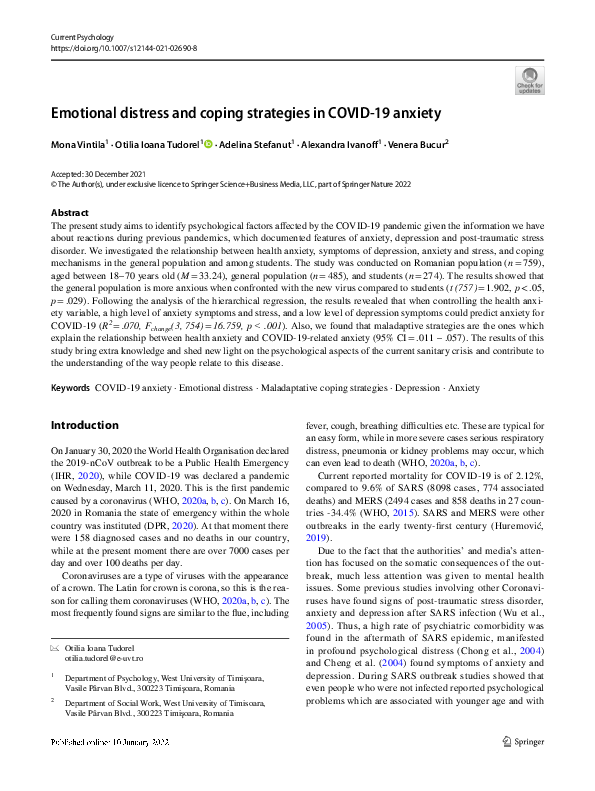 (PDF) Emotional distress and coping strategies in COVID-19 anxiety