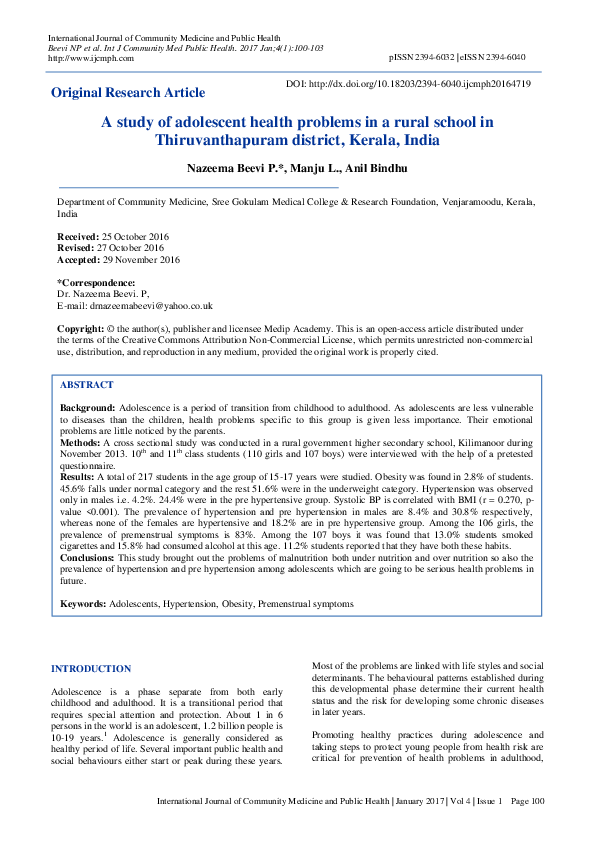 (PDF) A study of adolescent health problems in a rural school in ...