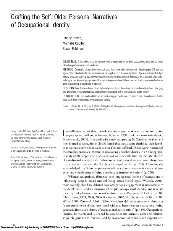 (PDF) Crafting the Self: Older Persons’ Narratives of Occupational Identity