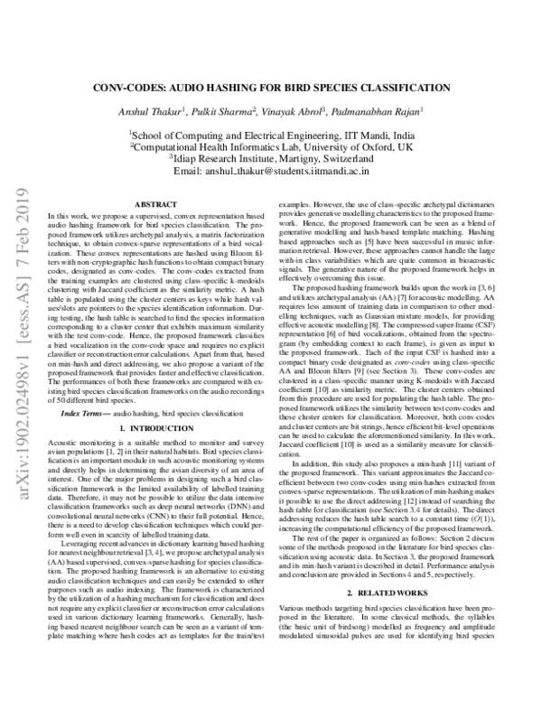 (PDF) CONV-codes: Audio Hashing for Bird Species Classification