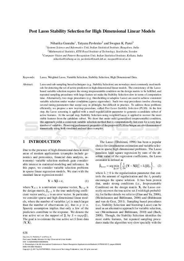 (PDF) Post Lasso Stability Selection for High Dimensional Linear Models