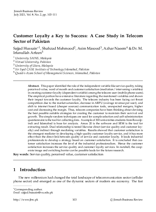 (PDF) Customer Loyalty a Key to Success: A Case Study in Telecom Sector ...