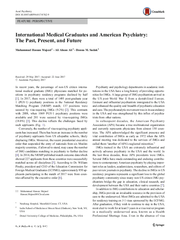 (PDF) International Medical Graduates and American Psychiatry: The Past ...
