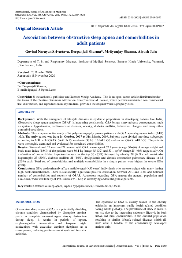 (PDF) Association between obstructive sleep apnea and comorbidities in ...